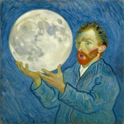 oil on canvas of man holding the big moon, surprise, happy, detailed, artwork by vincent van gogh