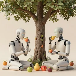 minimalist hyperdetailed photorealistic cyborgs under a big tree, eating interesting elaborate fruits, with simple clothing. in the style of Caravaggio and Paul Gauguin, with liberty cyberpunk and flemish baroque mixed media elements. beautiful! hyperrealistic soft pastel tones. matte background HD 8x