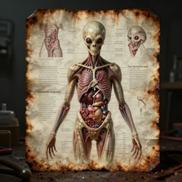 alien surgery rusty medical papers, detailed body and organs pictures and descriptions, detailed photography