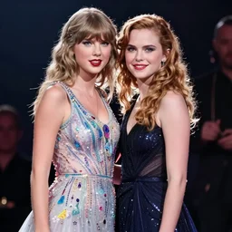 stage photo of taylor swift and emma watson as one person,