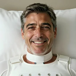 color photo of george clooney in a white straight jacket, very happy face, white padded room, face closeup