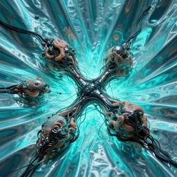 technological mitosis, cell shaded, hyperrealism, reflective fabric, refractive surfaces, chiaroscuro!, minimalism, sfumato!, flesh bound to metal, loose wires, black ooze, cyan lighting, vibrant, by ilya kuvshinov and anton fadeev and greg rutkowski and gil elvgren and giger