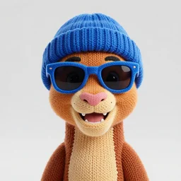 a photorealistic picture of a knitted smiling Mufasa wearing blue sunglasses and a beanie cap at the beach during sunset Trending on Artstation, featured on Behance, well-rendered, Unreal Engine, 4K HD