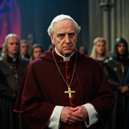 dramatic shallow depth of field historically accurate film still of the archbishop of canterbury from a medieval cyberpunk film from the 8 9 0 s titled'king alfred and the western campaign ', photographed by denis villeneuve and ridley scott, colorful lighting high contrast, grainy hyperrealistic shocking detail trending on artstation 8 k