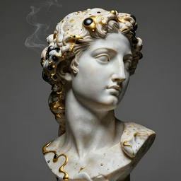 epic concept art. abstract female face silhouette mixing with black and gold liquid fluid and smoke. bust sculpture. highly detailed. masterpiece of renaissance sculpture by michelangelo. concept art, matte painting. yayoi kusama