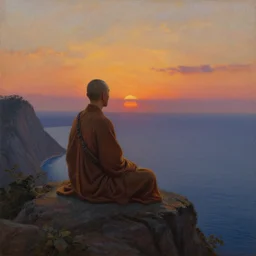 a stunning painting of a zen monk on a seaside mountain overlook at sunset, by thomas kinkade and john atkinson grimshaw, matte painting, moody palette