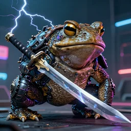 a photo of  a huge wide toad in a futuristic armor with katana sword,  cyberpunk, hyper realistic, hyper detailed, sharpened, coherent picture, volumetric lightning, neon, electric colors Filmic, Cinematic, Dramatic, Film Grain, Kodak Portra, Depth of Field, octane render, 4k, raytracing, cgi