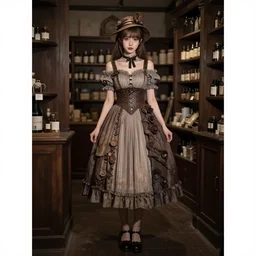 full body portrait photo of reol wearing a elegant pleated steampunk dress, open top, wearing a cute hat, shopping at an apothecary store interior, dim studio lighting, at night, moody, realistic, detailed, low light, skin tinted a warm tone