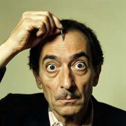 a man removing a nail from the middle of his forehead where he has a third eye by dali