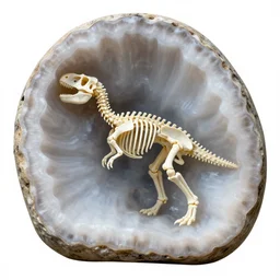 dinosaur skeleton stuck inside a beautiful giant geode