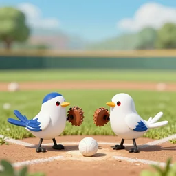 2 birds with hands and red eyes playing baseball, realistin - n 6