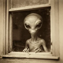 a real photo of an alien looking through a window, realistic, vintage photo, old photo, sepia, grainy