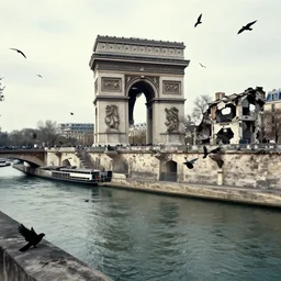 paris, ruins, black birds falling in the seine, style of paul delvaux