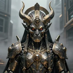 a highly detailed matte painting portrait of a mechanical demon priest wearing a massive ornate headdress made of realistic metal and sci fi armor, art deco, cinematic lighting, smooth, dark sci fi, unreal engine, octane render, by blizzard studios, golden rule, rule of thirds, fibonacci sequence, fog volumes, cgsociety
