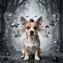 portrait of very cute dog with bug wings, zdzislaw beksinski, by dariusz zawadzki, by john jude palencar, gothic, surrealism, cosmic horror, lovecraftian, cold hue's, warm tone gradient background, concept art, beautiful composition