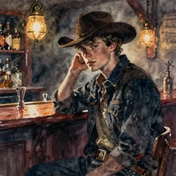 oil watercolor painting of young guy in western bar, mysterious light, art by anders zorn, wonderful masterpiece by greg rutkowski, beautiful cinematic light, american romanticism by greg manchess, creation by tyler edlin