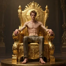 highly detailed portrait of a lonely thin man sitting alone on a golden throne, unreal engine, fantasy art by philippe bouchet