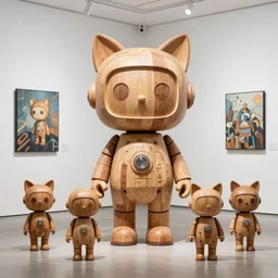 8 k octan advertising photo, a totally wooden sculpture collection art toys on feet, very cute robot zen with catlike ears, cyberpunk a contemporary art gallery