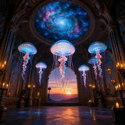 jellyfish museum interior design, bioluminescent, steampunk artnouveau, nebula ceiling, candlelight, sunset glow, dark shadows, octane render, volumetric lighting, raytracing, symmetrical wide shot low angle