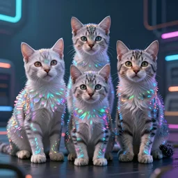 iridescent kittens cyperpunk 2 0 7 7, unreal engine 5, 8 k ultra realistic, hyperdetailed, volumetric lighting, extremely high quality