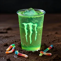 energy drink made out of glowing ooze, candy worms, and mud.