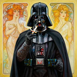 darth vader smoking crack cocaine by mcfarlane, alphonse mucha, artgerm and greg rutkowski and magali villeneuve. acrylic painting.