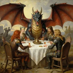 dragons around a table playing dnd, painting by brothers hildebrandt