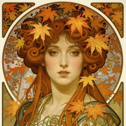 realistic detailed face portrait of a beautiful young medieval queen of Japanese Maple trees by Alphonse Mucha, Greg Hildebrandt, and Mark Brooks, Art Nouveau, spirals, Neo-Gothic, gothic, Art Nouveau