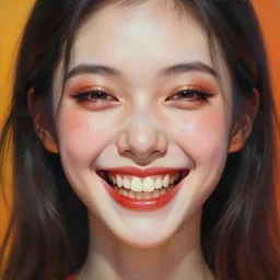 epic portrait of a beautiful girl with an unnaturally wide smile, high detail, horror smile, sharp focus, beautiful!, scary, dewy skin, ethereal, painting, concept art, warm lighting, greg rutkowski, by kawase hasui, moebius and edward hopper, vivid bright light, colorful flat surreal design, hd, 4 k, artstation
