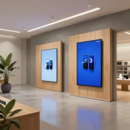 2 0 3 0 s flagship retail interior. experience. telco digital screens phones. wood, polished concrete, neon, ceiling spots. plants. samsung microsoft apple nike adidas tesla muted colors!!!!! ( ( ( ( ( ( ( ( ( ( ( digital painting by shaun tan giorgio de chirico ) ) ) ) ) ) ) ) ) ) )