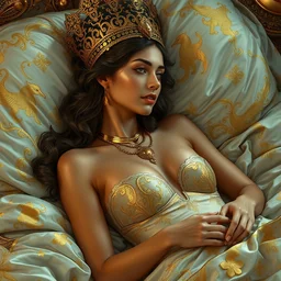 an intricate artistic pose painting of a beautiful young goddess with an artistic sensual pose in bed with klimt golden motives and textures, hyper detailed, ornamental gold headpiece, octane render, vivid colors, artstation, by jeremy mann, by alphonse mucha, by boris vallejo