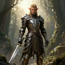 standing elf with armor of rivendel and a curve long sword in full bod and detailed face, epic masterpiece of cinematographic hyperrealism, realistic shaded lighting poster by craig mallismo, artgerm, jeremy lipkin and michael garmash, unreal engine, radiant light, detailed and intricate environment, digital art, art station trends