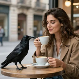 Astonishing photograph of a woman having coffee with a crow, at a Barcelona cafe