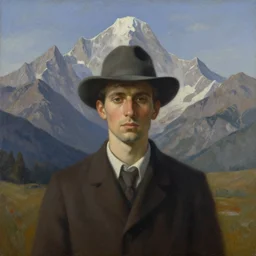 surreal painting from a man with a hat in front of mountains