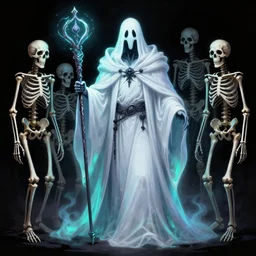 ghostly necromancer, full body character with staff in hand, cape made from white ghosts, neon color, creepy, skeleton skeletons stand nearby, detailed illustration, hd, 4k, digital art, overdetailed art, concept art, by greg rutkowski, complementing colors, Trending on artstation, deviantart