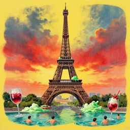 melting distorted eiffel tower icecream green and red, rainy sunset, people swimming in wine glasses, super realistic and highly detailed painting by japanese comic illustration on yellow background by fernando botero and james jean, dreamy summer vibes, cinematic colors and super wide angle view