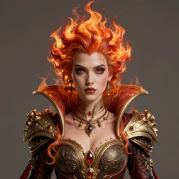 front shot of a queen with fire hair mastermind character, intricate, elegant, highly detailed, centered, artstation, concept art, smooth, sharp focus, artgerm, tomasz alen kopera, peter mohrbacher, donato giancola, joseph christian leyendecker, wlop, boris vallejo ), mugshot, ugly, octane render, nvidia raytracing demo, grainy, muted