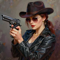 painting of a gangster girl holding a pistol, intricate, highly detailed, digital painting, official media, concept art, rich vivid colors, ambient lighting, sharp focus, illustration