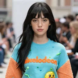 olivia in the new york fashion week, wearing an outfit made from nickelodeon slime, black hair, freckles, pale skin, photo by greg rutkowski, harsh shadows, bright lighting, female beauty, intricate detail, elegance, sharp shapes, masterpiece