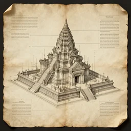 detailed schematic for an ancient temple construction, faded parchment, aged, descriptions, highly detailed, 8 k,