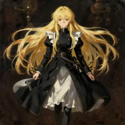 baroque oil painting jp ln cover illustration lotr anime key visual full body action shot | young girl black military crusader maid with long flowing blonde hair | symmetrical perfect face fine detail delicate features quiet gaze | gapmoe kuudere moody dynamic lighting bokeh | pixiv fanbox | greg rutkowski makoto shinkai takashi takeuchi studio ghibli