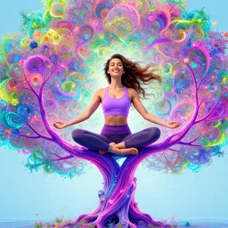 a beautiful woman sitting on top of a neon tree doing yoga and smiling. her hair flows as water. the view is bright and happy and colorful. digital art with fractals