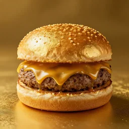 golden burger made of gold, atmospheric, golden, shiny, beautiful, food photography