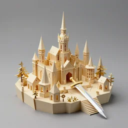 medieval sword and magic origami mini city island, fantasy, intricate, elegant, highly detailed, digital painting, artstation, concept art, smooth, sharp focus illustration, art by afshar petros and krenz cushart and artem demura and tony sandoval