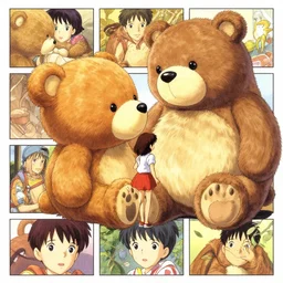 a scene of a girl finding a giant teddy bear creature friend, masterpiece graphic novel, comic book panels, interesting and unique character design, beautiful sequential art, cute and cuddly and wonderful and brilliant and very wholesome, by yoji shinkawa and frank frazetta and kentaro miura and hayao miyazaki