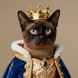 chocolate burmese cat wearing royal crown and robes, artstation, fantasy