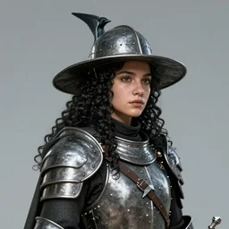 a beautiful young woman, with black curls, wearing a wide-brimmed iron hat resembling a swallow's tail, dressed in a armour and cloak, octane render, artstation, realistic render, medieval