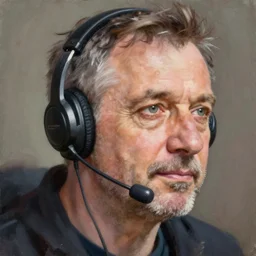 a middle aged bulgarian man with a headset calling some one, close up, rim lighting, portrait. highly detailed painting by greg rutkowski, anime style