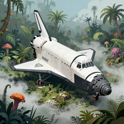 Intricate detailed illustration, a crashed space shuttle being reclaimed by the jungle, strange flowers, fog, vibrant colors, blue sky, cinematic lighting, by Sparth and Greg Rutkowski, wide angle, volumetric light scattering, 8k, artstation, concept art,