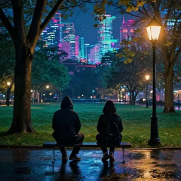 park at night, two hooded figures, artstation, by william degouve de nunqcues, rain puddles, trees, lantern, background glitched cyber city, vivid colors